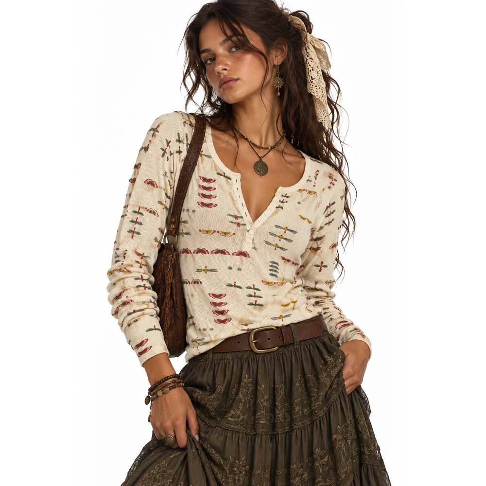 Y2K Lucky Brand Waffle Knit Henley Top M Cream Butterfly Dragonfly Fairy Grunge